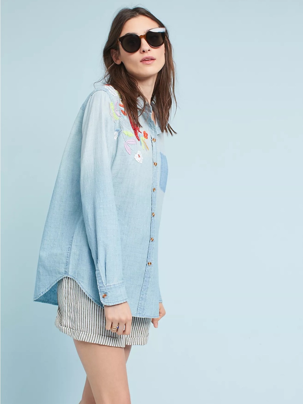 MAEVE ANTHROPOLOGIE Embroidered Sequin  Denim Chambray Button Down Floral - Picture 7 of 10